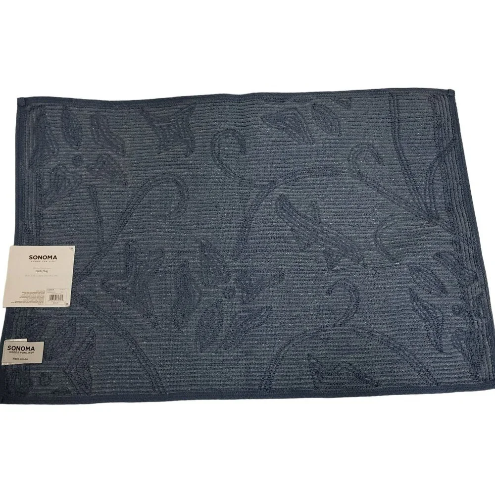 Sonoma Goods For Life Quinn Collection Bath Rug Navy Blue Paisley Inlay Pattern